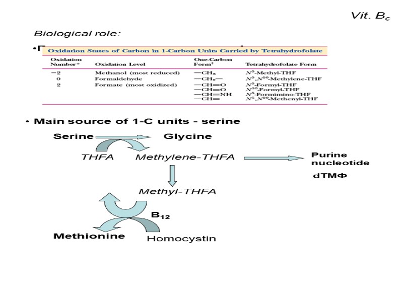 Vit. Bc Biological role: Переносчик одноуглеродных фрагментов:  Main source of 1-С units -